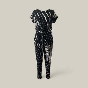 Black and White Zebra Print Short Sleeve Tie Waist Crepe Jumpsuit